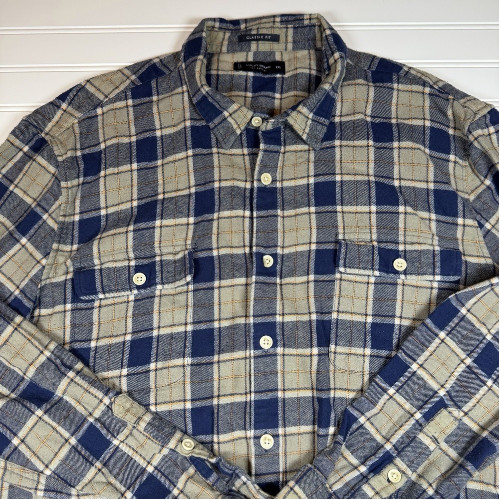 Lucky Brand‎ Classic Fit Flannel Button Shirt Men's XXL 2XL Plaid Tan Blue GUC